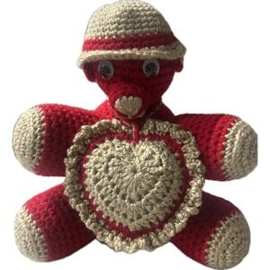 Handmade Crochet Plush Bear Red Tan Heart Amigurumi Teddy Bear with Hat 7 inch